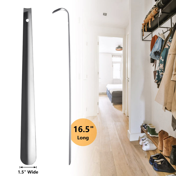 Long Metal Shoe Horn - 16.5 inch Heavy Duty Stainless Steel Shoehorn, Shoe Horn Long Handle for Seniors Men Women, Silver Black