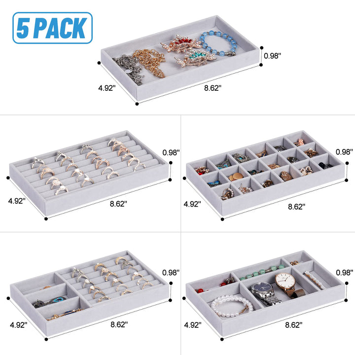 Jewelry Organizer Tray, 5 Pcs Stackable Velvet Jewelry Organizer For Drawer, Jewelry Storage Display Trays Showcase For Dresser Insert, Earring Bracelet Necklace Ring Organizer Holder, Gift For Women
