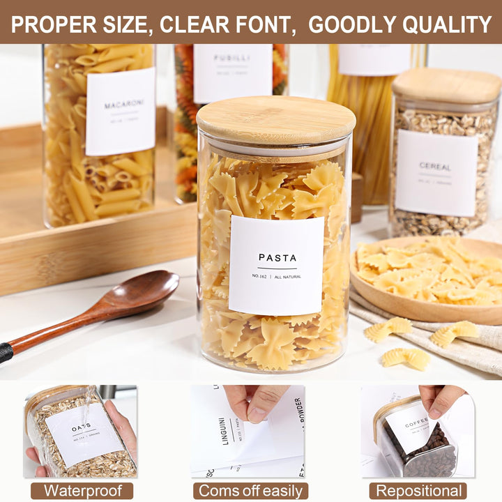 308 Kitchen Pantry Labels for Food Containers, 3 Sizes White Minimalist Organizing, Jars, Storage Bins, Preprinted Waterproof Containers