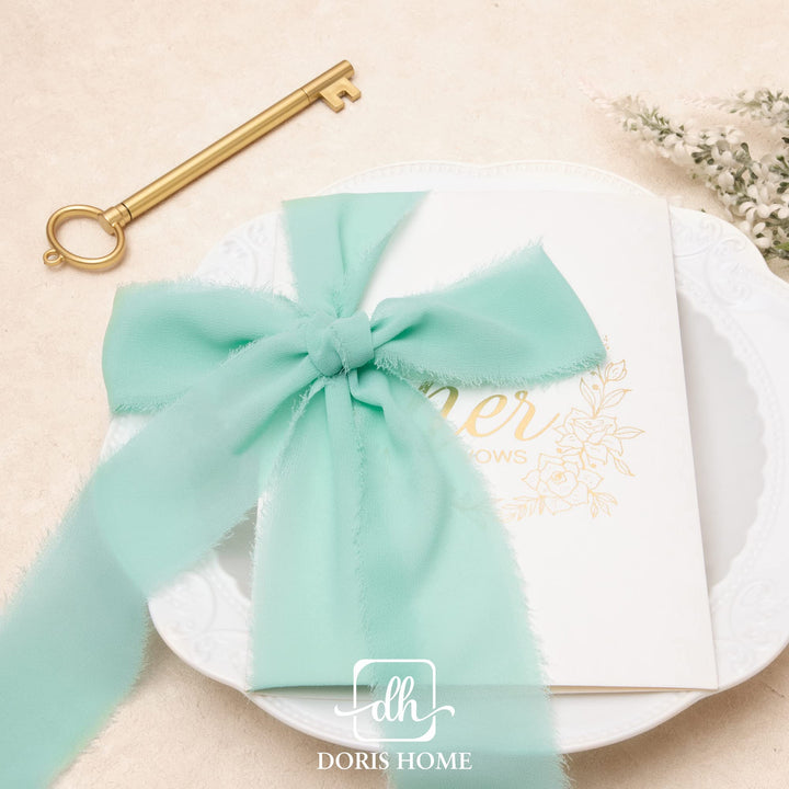 Doris Home Handmade Fringe Fabric Chiffon Silk-Like Ribbon 2 x 7Yd Set of 3 Rolls Ribbons for Wedding Invitations, Bouquets, Gift Wrapping (Dark Green/Forest Green/Mint Green)