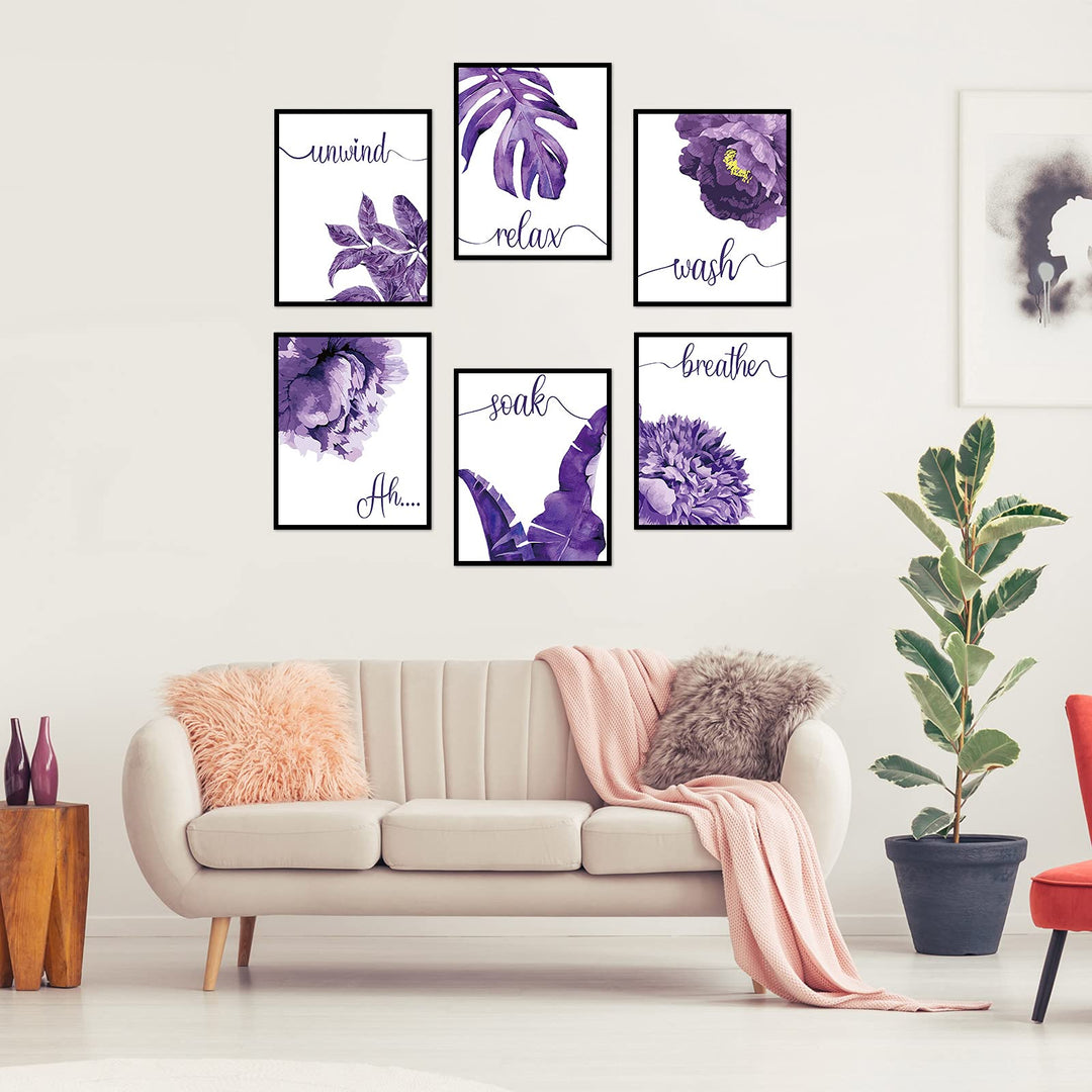 6 Pieces Purple Wall Art Decor Relax Soak Wash Breathe Unwind Bathroom Decor Unframed Flower Poster Prints Photos Farmhouse Wall Painting for Home Bathroom Washroom,8 x 10 Inch