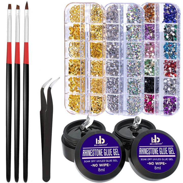 Nail Art 15ml NO WIPE Rhinestone Glue Gel Kit(LED Light Cure Needed) Adhesive Resin Gem Stone Jewelry Beads Diamond Gel Nail Polish Clear Decoration With Nail Rhinestones(Crystal+Acrylic+Rivet)+tools