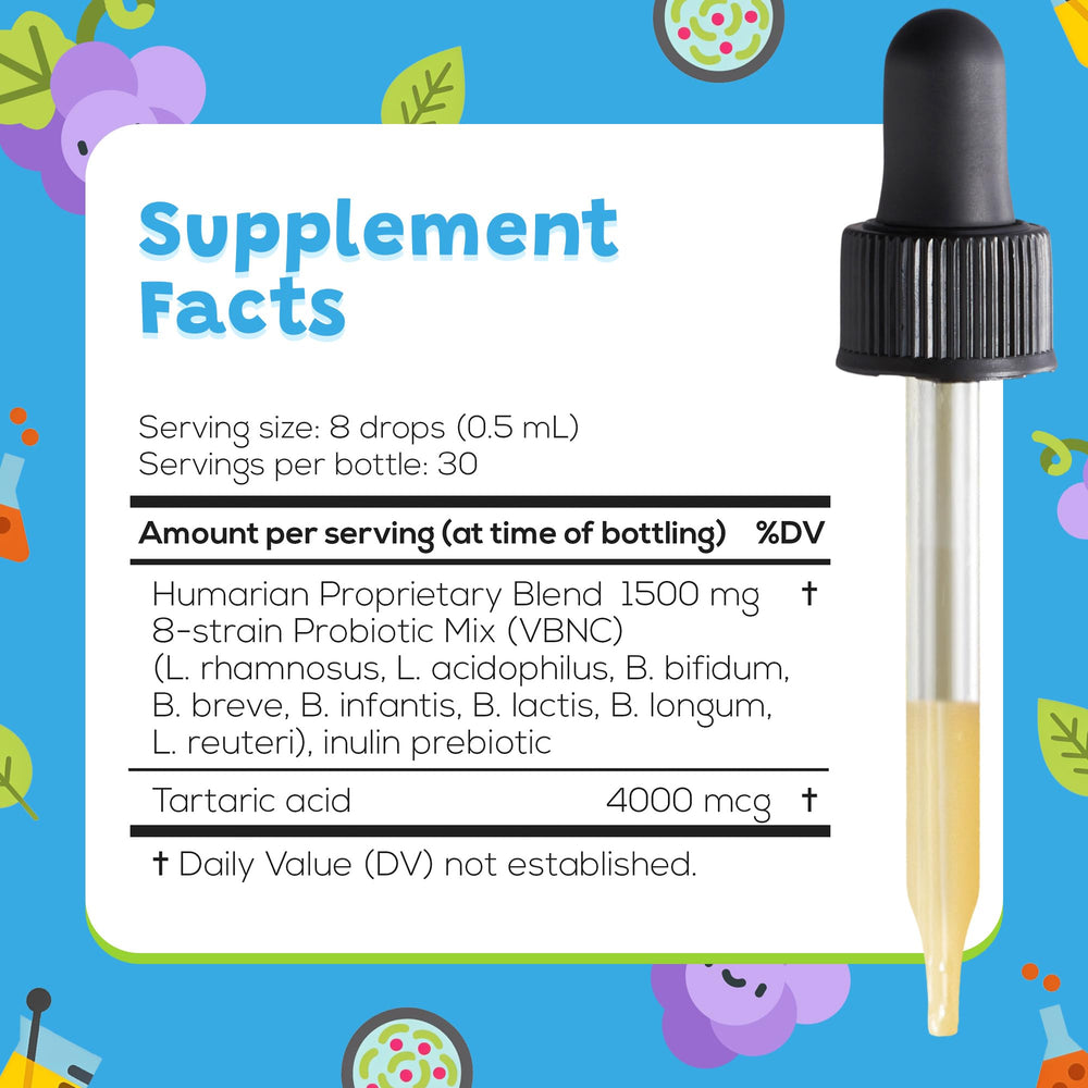 Humarian Liquid Probiotics for Kids Aged 1-9 Years Old - Superior 8-Strain Probiotic Drops to Fortify Gut Health, Immunity and More - 30-Day Supply - Tasty Grape Flavor