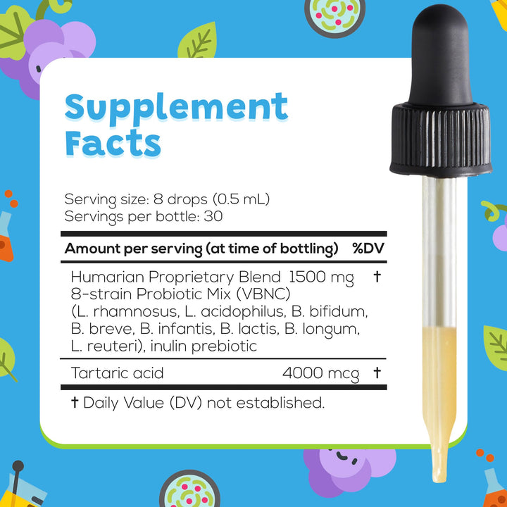 Humarian Liquid Probiotics for Kids Aged 1-9 Years Old - Superior 8-Strain Probiotic Drops to Fortify Gut Health, Immunity and More - 30-Day Supply - Tasty Grape Flavor
