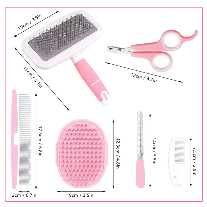 6-Piece Rabbit Grooming Kit with Pet Grooming Shedding Slicker Brush, Flea Comb, Nail Clipper, Bath Massage Glove Brush for Bunny, Cat, Dog, Guinea Pig, Hamster, Ferret, Small Animal Pet (Red, Pink)