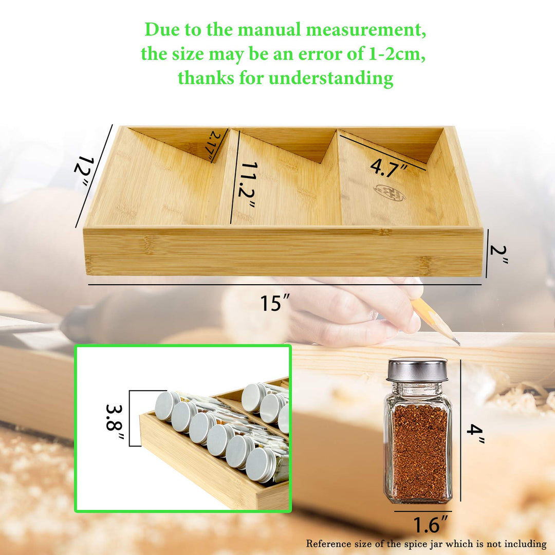 Spice Organizer Drawer Insert Kitchen Cabinet Small Jars Holder Tray 3-Tier Deep Drawers Bamboo Spice Rack