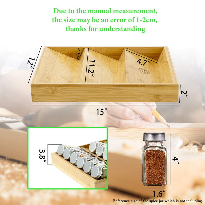 Spice Organizer Drawer Insert Kitchen Cabinet Small Jars Holder Tray 3-Tier Deep Drawers Bamboo Spice Rack