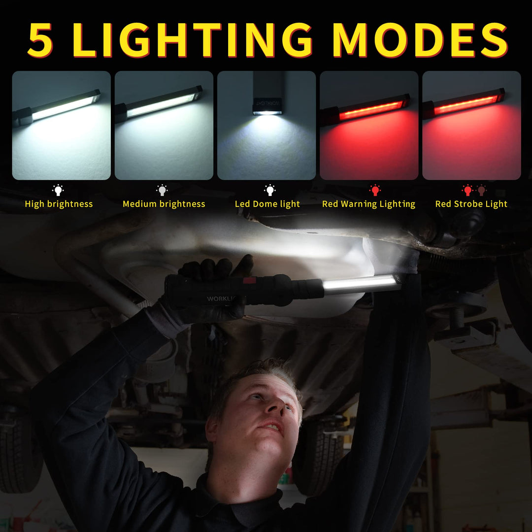 LED Worklight Flashlight, COB Rechargeable Work Lights with Magnetic Base 360 Degree Rotate and 5 Modes Portable Flood Light Inspection Construction Light for Car Repair (Black Silver, 2 pack)
