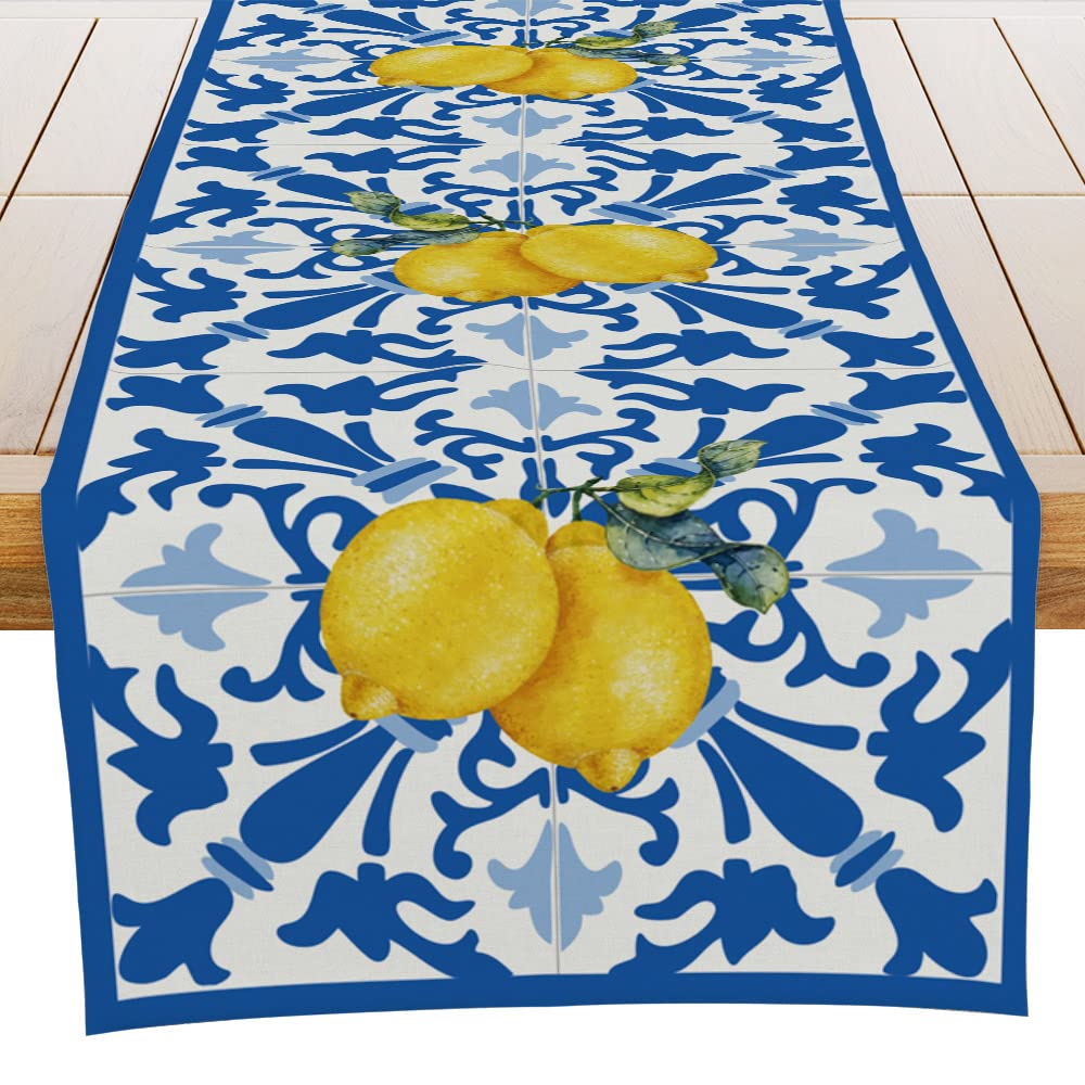 Italy Blue Tiles Runner Decorative, Italian Lemons Summer Table Runner Decorations for Dining Room Kitchen Dresser Decor for Party Holiday, Housewarming Gifts for Women Couple New Home, 13X72 Inches
