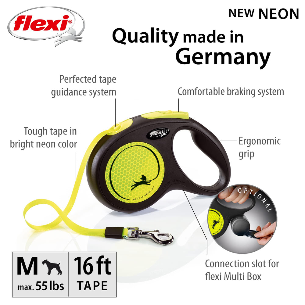 New Neon Tape Retractable Dog Leashes for Medium Dogs Upto 55 lbs. – 16 ft., Neon Yellow/Black | Tangle Free Pet Walking Leash with One-Handed Brake, Pause, Lock|German Quality Product