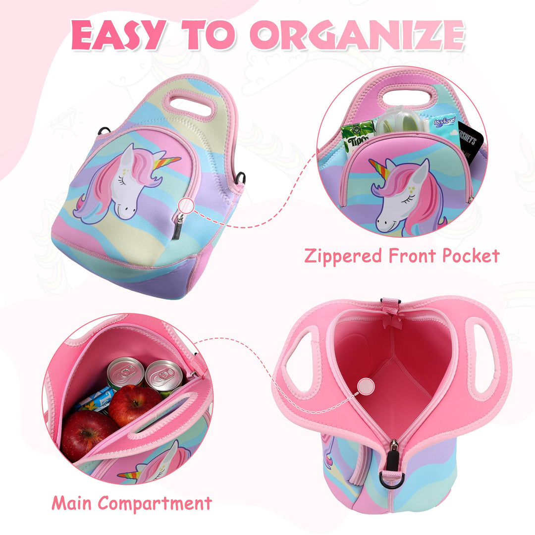 Lunch Bag for Kids, Chasechic Cute Lightweight Neoprene Insulated Lunch Boxes Tote with Detachable Adjustable Shoulder Strap (Unicorn)