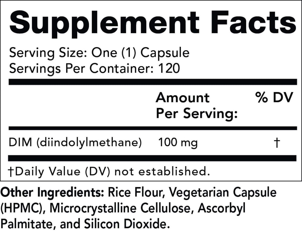 DIM 100mg - DIM Diindolylmethane Supplement Capsules Supporting Hormone Balance, Clear Skin, PCOS, & Aid in Fitness and maintaining Lean Muscle - 120 Daily Capsules