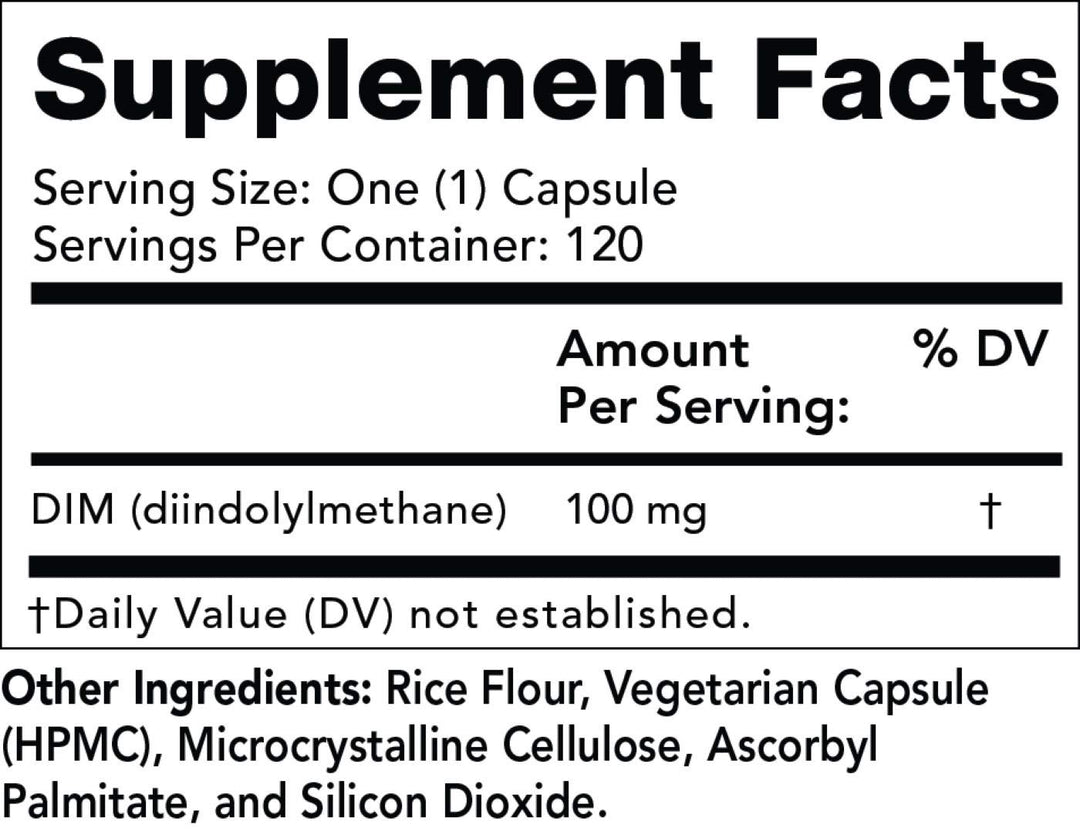 DIM 100mg - DIM Diindolylmethane Supplement Capsules Supporting Hormone Balance, Clear Skin, PCOS, &amp; Aid in Fitness and maintaining Lean Muscle - 120 Daily Capsules