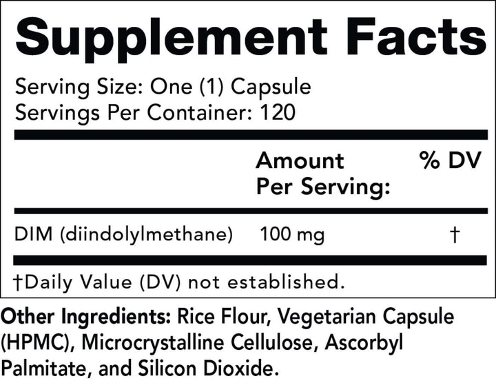 DIM 100mg - DIM Diindolylmethane Supplement Capsules Supporting Hormone Balance, Clear Skin, PCOS, &amp; Aid in Fitness and maintaining Lean Muscle - 120 Daily Capsules
