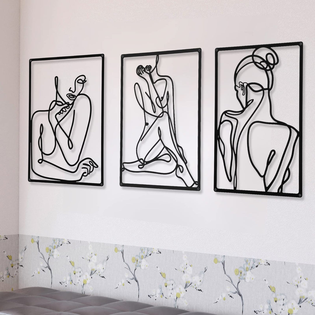 CHENGU 3 Pieces Metal Minimalist Abstract Woman Wall Art Line Drawing Wall Art Decor Single Line Female Home Hanging Wall Art Decor for Kitchen Bathroom Living Room (Vibrant Style)