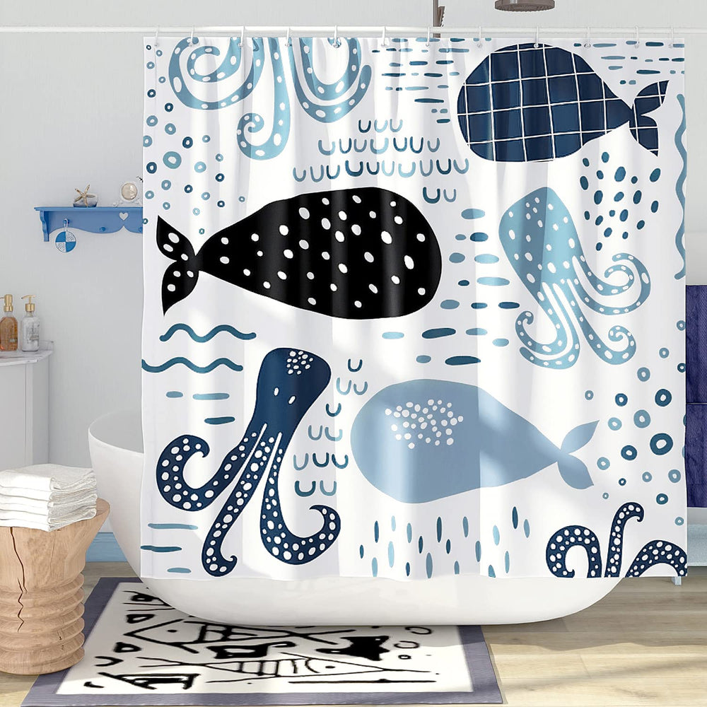 Blue Whale Shower Curtain Set Cool Funny Ocean Cartoon Shower Curtains for Bathroom Cute Kids Bathroom Decor Polyester Fabric-72 x 72