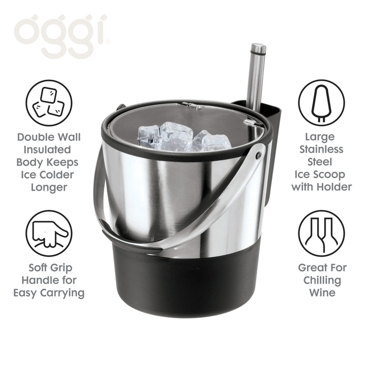 Insulated Ice Bucket, 4 Quart / 3.8 L, Stainless Steel, Black.