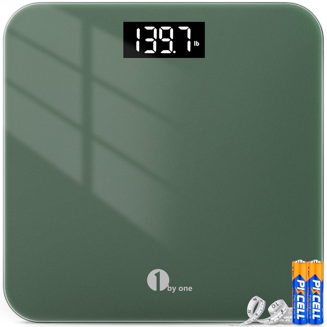 1 by ONE Digital Bathroom Scale for Body Weight, Accurate Green Weighing Machine for People 400 lbs, LED Display, High Precision, 6mm Tempered Glass, Tape Measure and Batteries Included