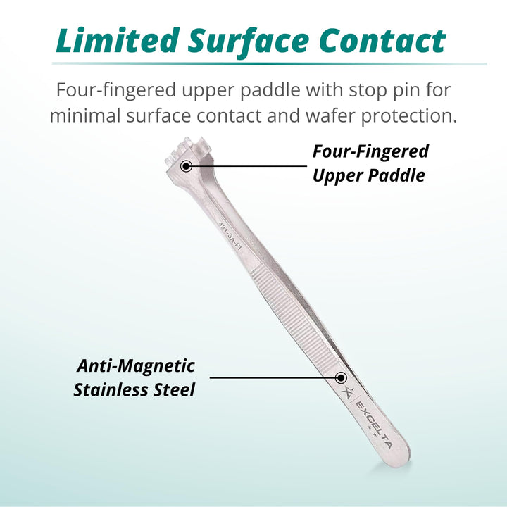Wafer Tweezers for 4 Wafers, 5 Fingered Paddle with Guide Pin, Anti-Magnetic Stainless Steel, Features Serrated Handles for Better Control, Intermediate