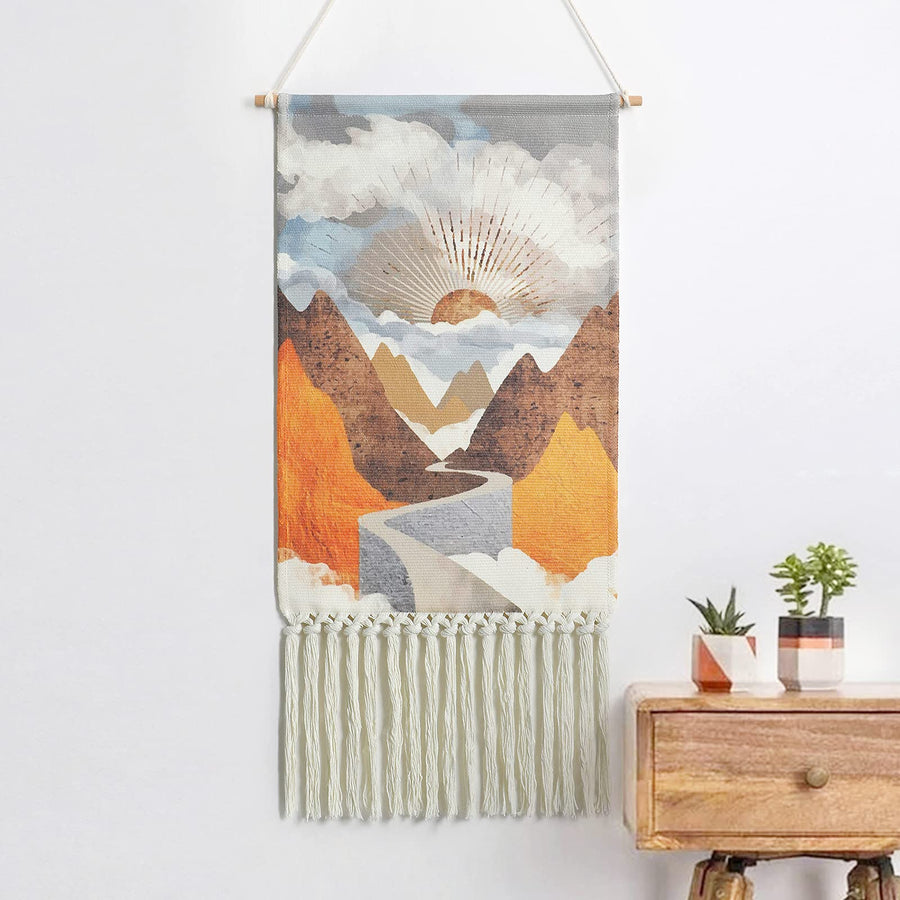 Macrame Wall Hanging - Art Woven Boho Decor with Sunrise Bohemian Home Decor Colorful Boho Chic Apartment Dorm Room Backdrop Decoration