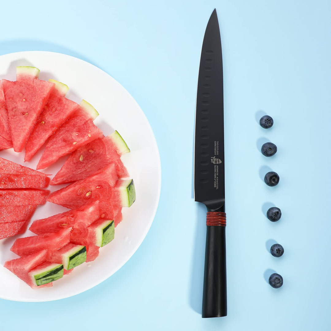 Slicing Knife 9 - Ultra Sharp Granton BBQ Carving Knives - HC Japanese AUS-8 Stainless Steel - Comfortable Pakkawood Handle with Sheath &amp; Luxurious Gift Box - Dark Knight Series