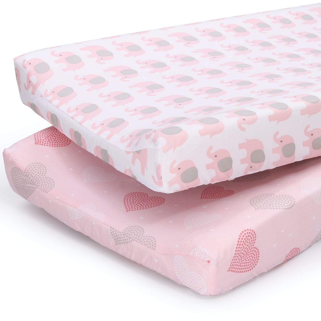 Changing Pad Covers for Baby Girls | 2 Pack Set | Pink Elephant &amp; Hearts