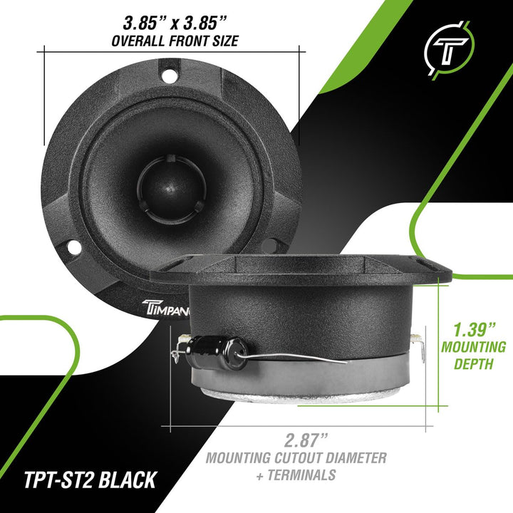 TPT-ST2 Black Slim Super Tweeter, 600 Watts 4 Ohm, 105 dB, 1 in Voice Coil, 3.85 inch Pro Car Sound System Bullet Tweeters (Pair)