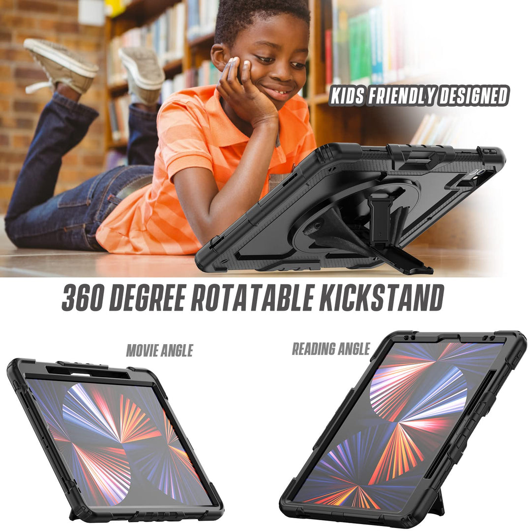 iPad Pro 12.9 Case 2022/2021/2020 with Screen Protector Pencil Holder | iPad Pro 12.9 inch 6th/5th/4th Generation Case | Full Body Shockproof Rugged Protective Rubber Case W/Stand Strap | Black