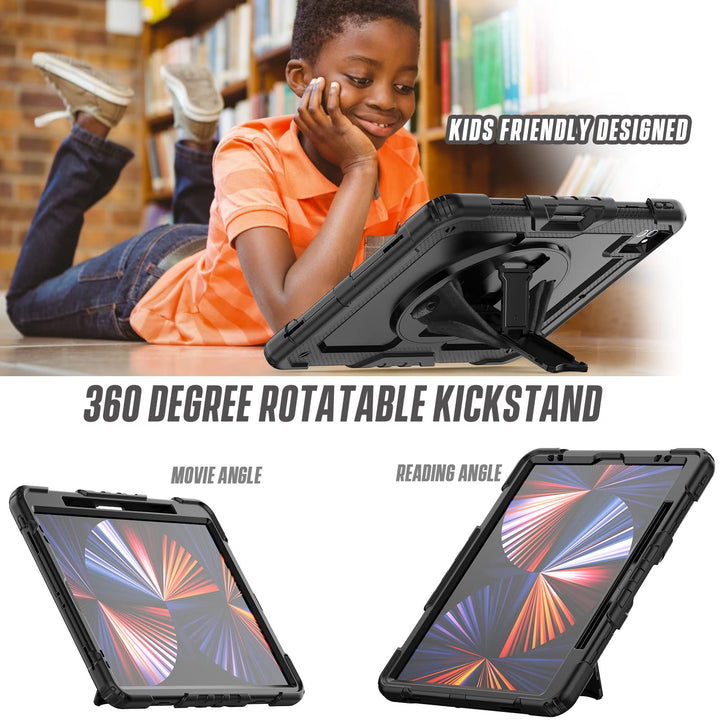 iPad Pro 12.9 Case 2022/2021/2020 with Screen Protector Pencil Holder | iPad Pro 12.9 inch 6th/5th/4th Generation Case | Full Body Shockproof Rugged Protective Rubber Case W/Stand Strap | Black