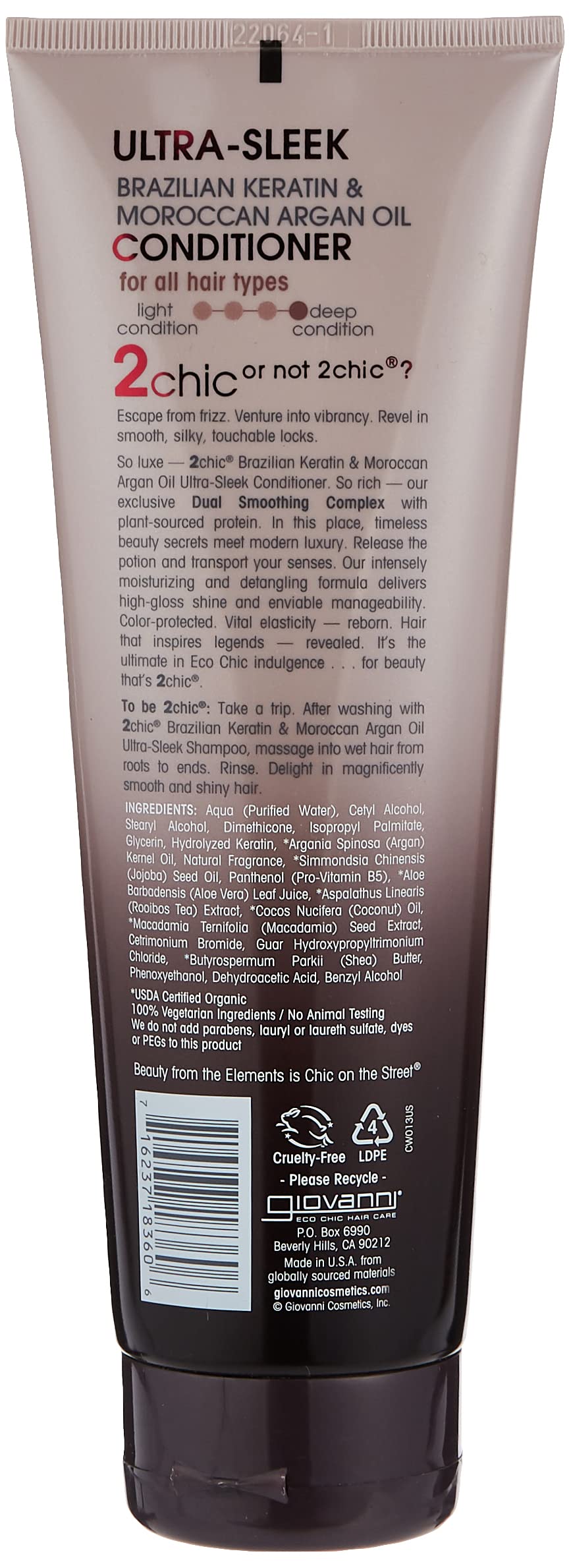 2chic Ultra-Sleek Conditioner - Brazilian Phyto-Keratin & Moroccan Argan Oil, Anti-Frizz Formula, Coconut, Shea Butter, Pro-Vitamin B5, Color Safe, Paraben Free - 8.5 oz