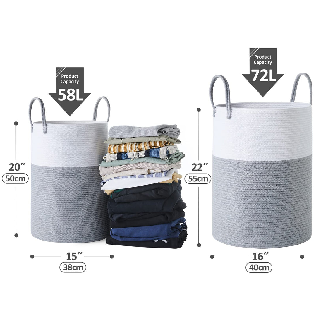 Cotton Rope Laundry Hamper , 58L - Woven Collapsible Laundry Basket - Clothes Storage Basket for Blankets, Laundry Room Organizing, Bedroom Storage, Clothes Hamper – Grey