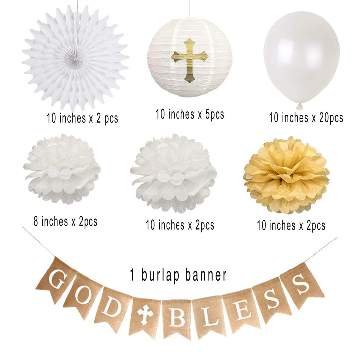 First Communion Banner Kit, Baptism Decorations for Boys Girls, First Communion Confirmation Decorations,God Bless Banner and White Decorations - White Set