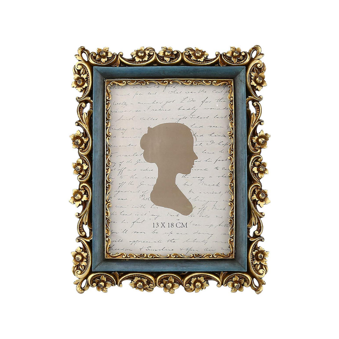 Vintage Picture Frame 5x7 Inch, Luxury Antique Photo Frames with Glass Front, Photo Display, Tabletop Wall Hanging, Gift Ideas, Gold and Blue