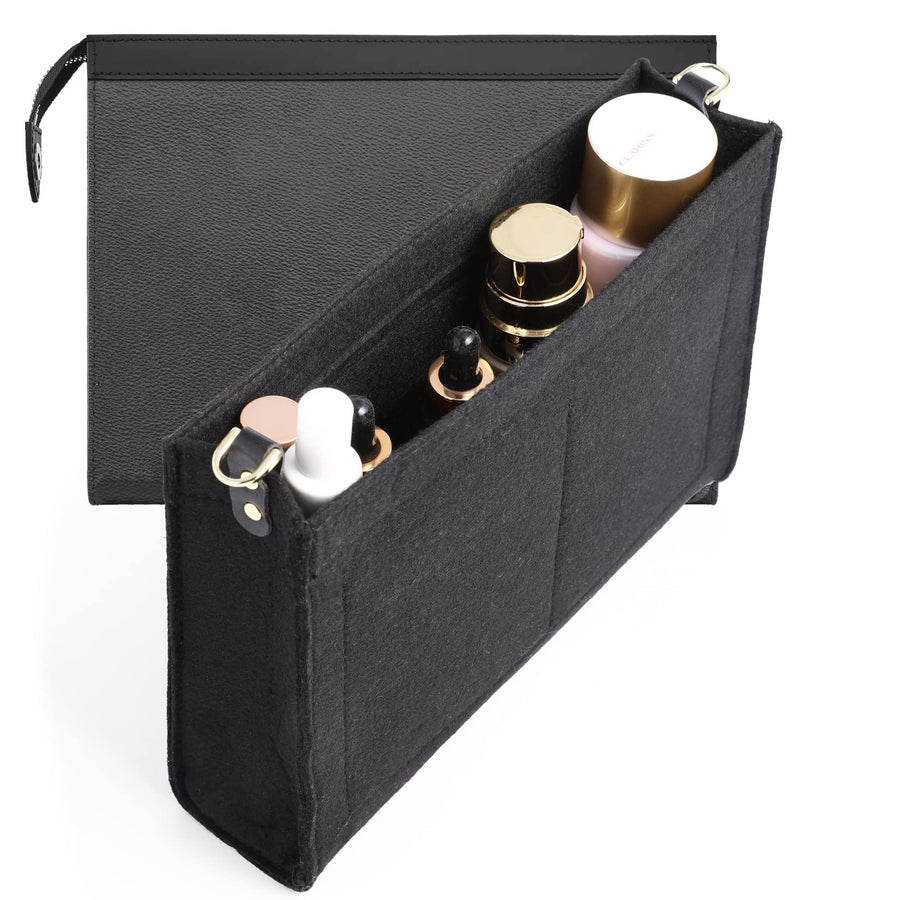 Purse Insert Organizer Bag Compatible with Toiletry Pouch 26 Handbag Shaper with Golden D Ring,Bag In Bag Fit Purse lv Pouch 26 Khaki (Large-26, Black-Premium Felt)
