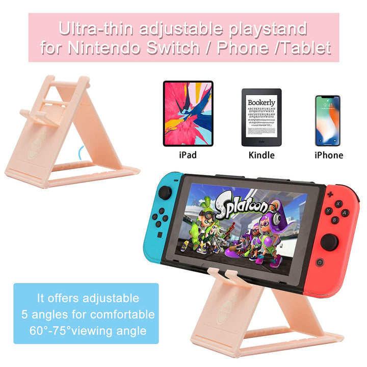 Cute Travel Carrying Case for Nintendo Switch Accessories Kit with Hard Protective Cover, Glass Screen Protector, Adjustable Stand and Thumb Grip Caps 10 in 1(Switch Pink)