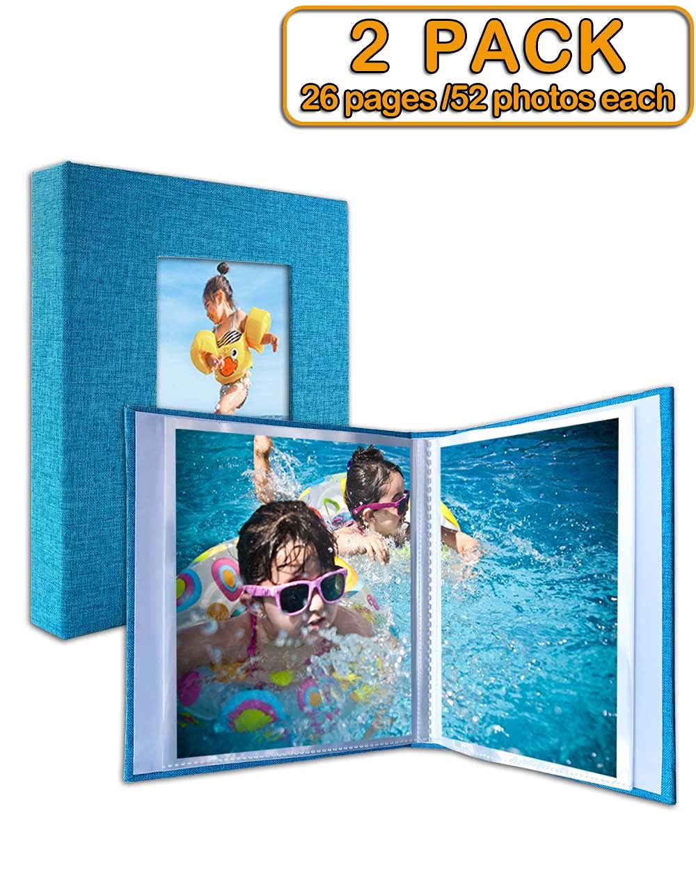 Small Photo Album 4x6 – Clear Pages, Linen Cover with Front Window, Pack of 2, Each Small Album Holds 52 Photos, Small Brag Book Photo Album for 4x6 Photos, Blue Fabric