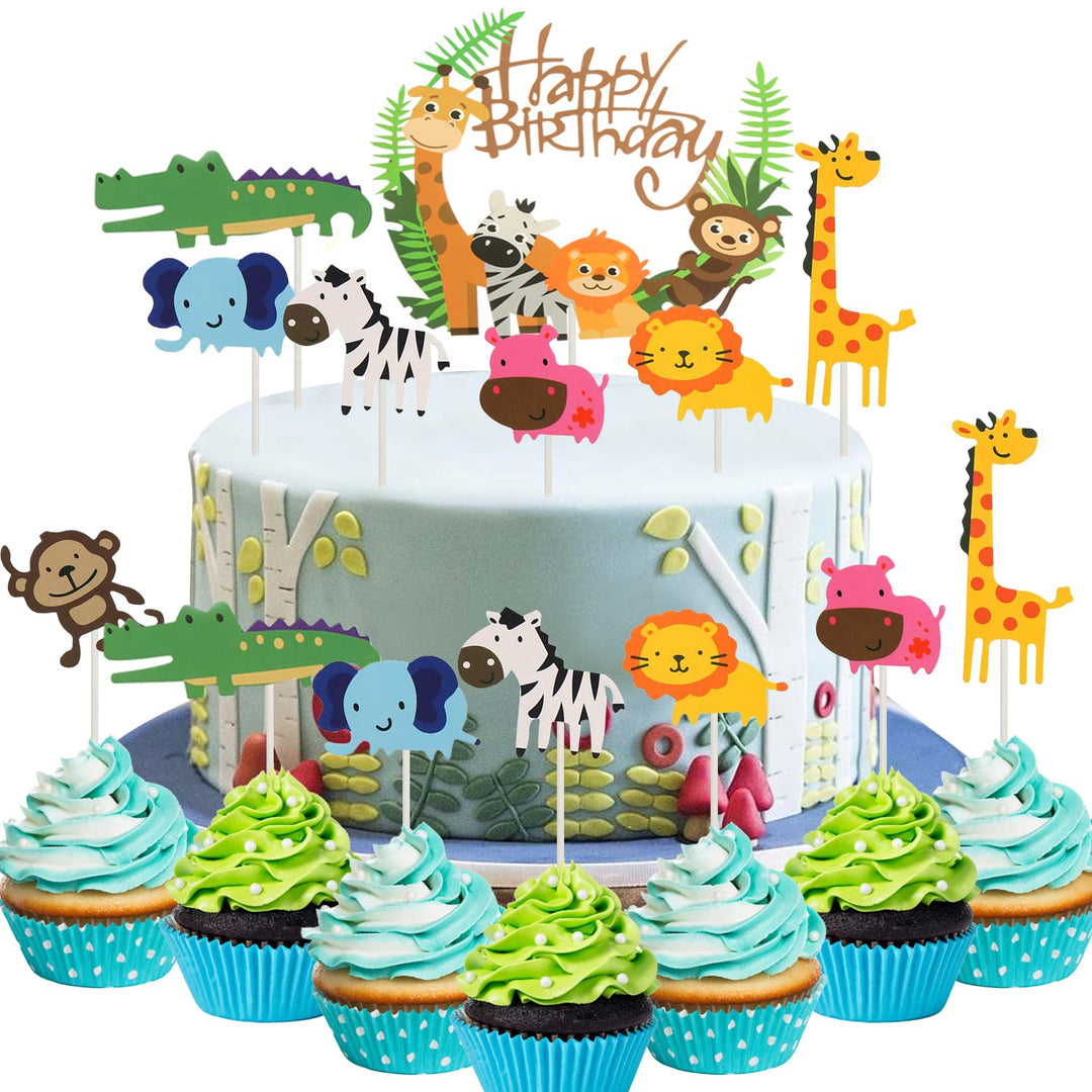 36pcs Safari Animal Cake Toppers,Jungle Animal Birthday Cupcake Topper Banner for Kids Birthday Party Baby Shower Decoration Supply