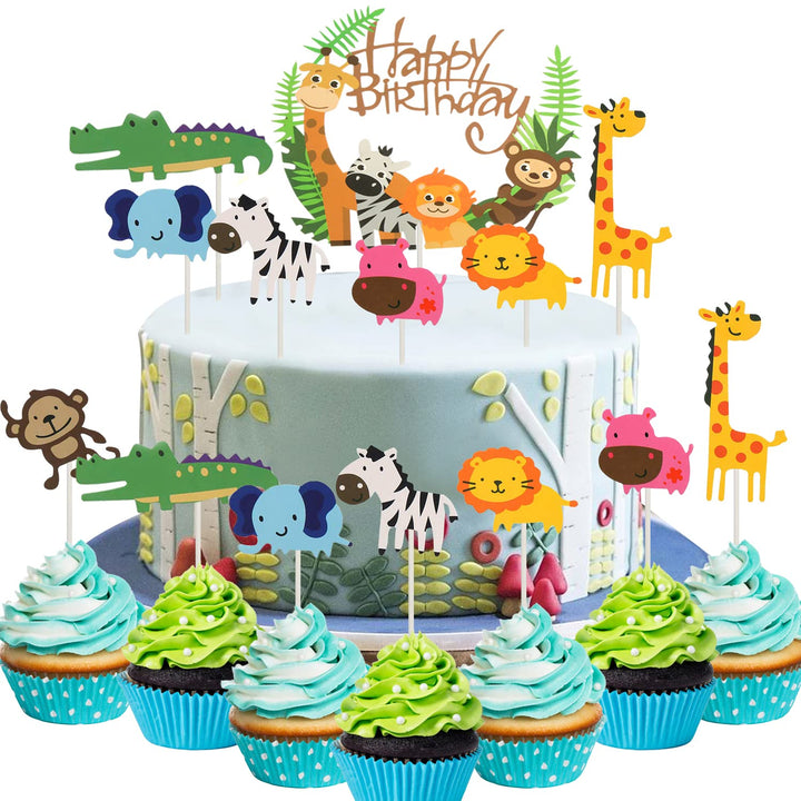 36pcs Safari Animal Cake Toppers,Jungle Animal Birthday Cupcake Topper Banner for Kids Birthday Party Baby Shower Decoration Supply