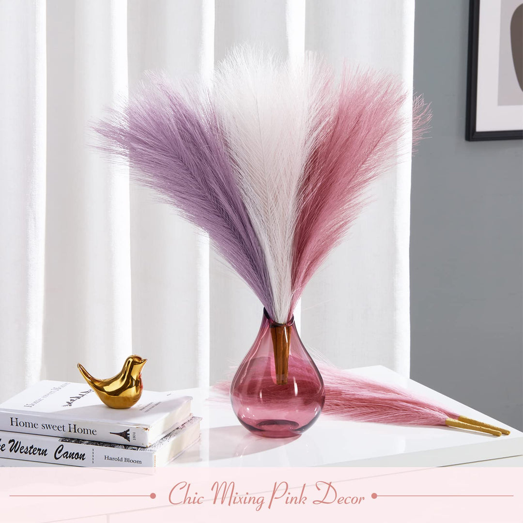Pampas Grass Decor 17 Inch 6pcs, Purple Pink Artificial Pampas Grass Home Wedding Decor, Small Faux Pampas Fake Pompous Boho Vase Filler, Bathroom Living Room Decoration