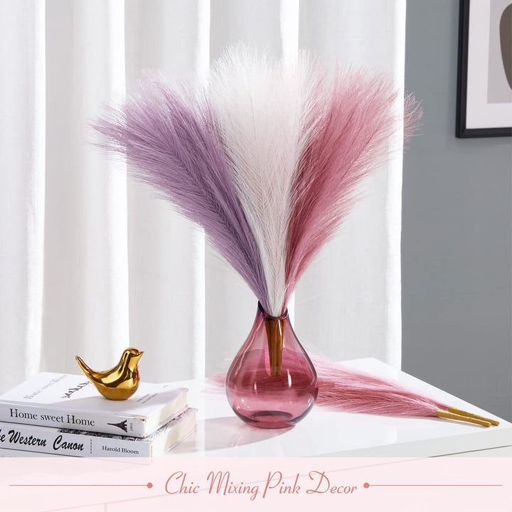 Pampas Grass Decor 17 Inch 6pcs, Purple Pink Artificial Pampas Grass Home Wedding Decor, Small Faux Pampas Fake Pompous Boho Vase Filler, Bathroom Living Room Decoration