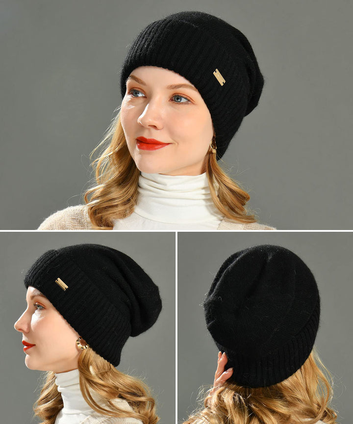 Cashmere Slouchy Beanies for Women Winter Lightweight Girls Wool Knit Hat Cuffed Soft Warm Slouch Beanie Cap - New Black