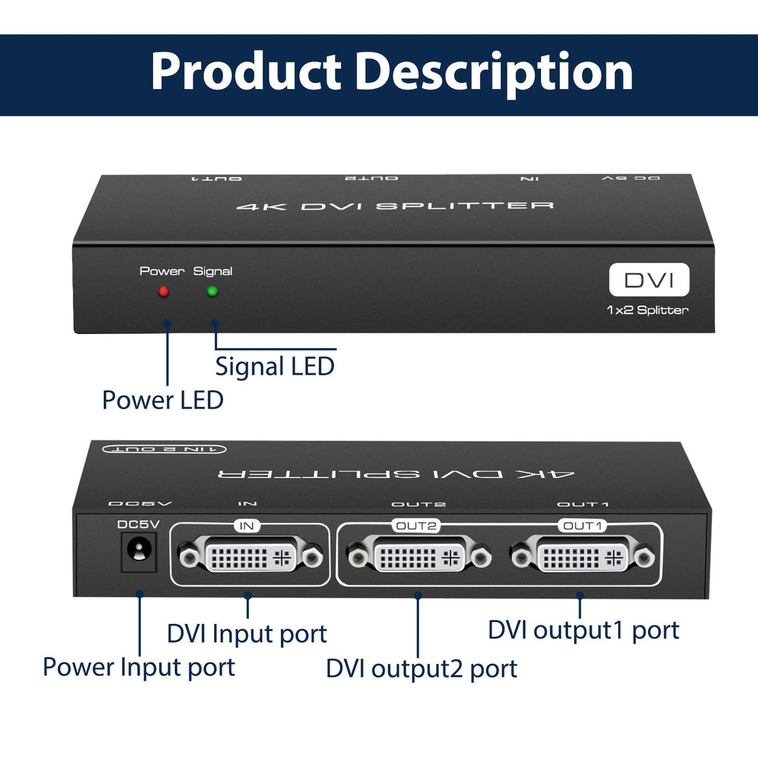 DVI Splitter 1 in 2 Out 2 Port DVI Dual Monitors Distri