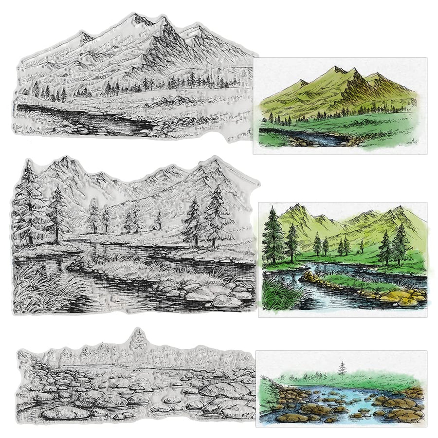 3 PCS Natural Scenery Clear Stamps for Card Making and Photo Album Decorations, Mountain River Background Transparent Rubber Stamps Seal for DIY Scrapbooking