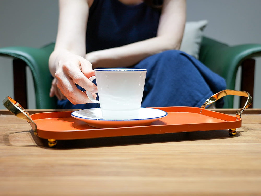 Decorative Serving Tray - Metal Serving Tray with Handles, Decorative Trays for Coffee Table, Home Decor, Vanity, Jewerly, Perfume and Make up - Bar Liquor Display with Gold Accents-Orange