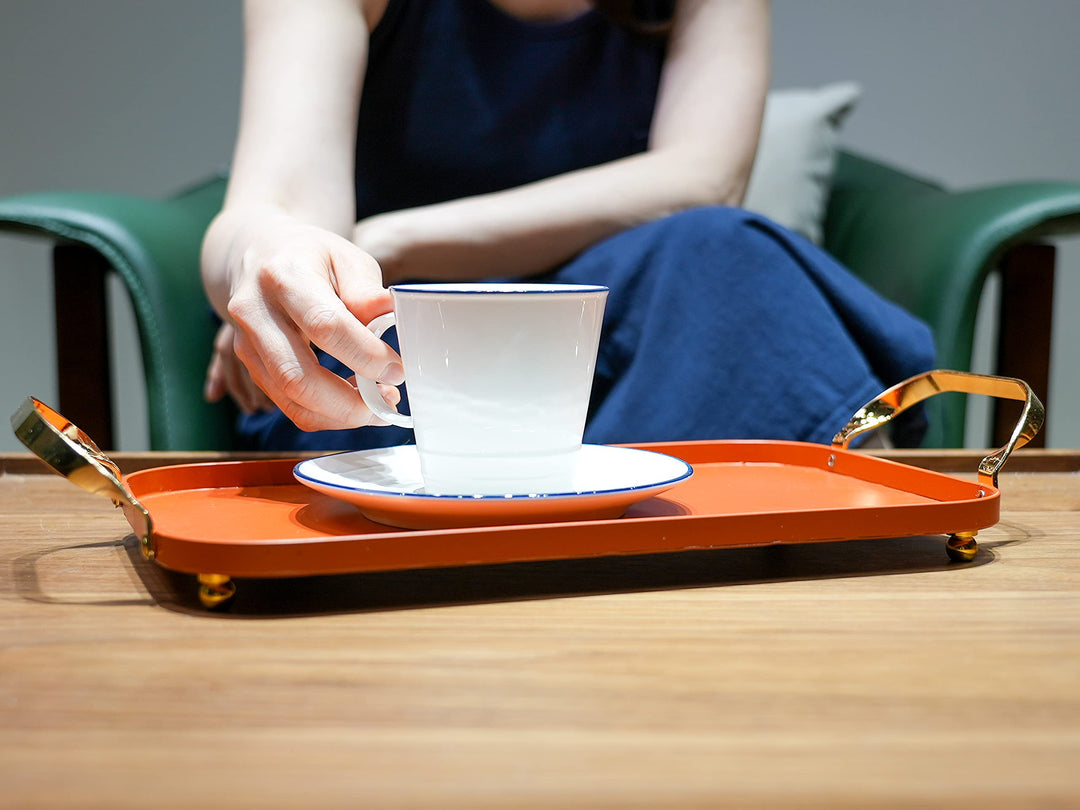 Decorative Serving Tray - Metal Serving Tray with Handles, Decorative Trays for Coffee Table, Home Decor, Vanity, Jewerly, Perfume and Make up - Bar Liquor Display with Gold Accents-Orange