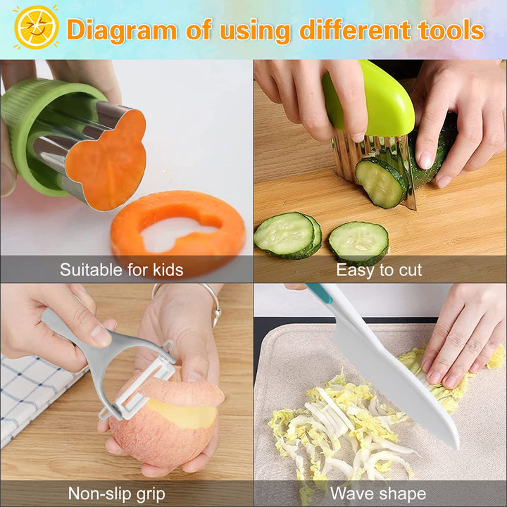 8 Pieces Kids Knife Set,Wooden Kids Kitchen Knives Set include 4 Plastic Toddler Safe Knives/Crinkle Cutter/Kids Cutting Board/Y-Peeler/Resistant Gloves for Cutting Veggies Fruit Cake Salad Bread