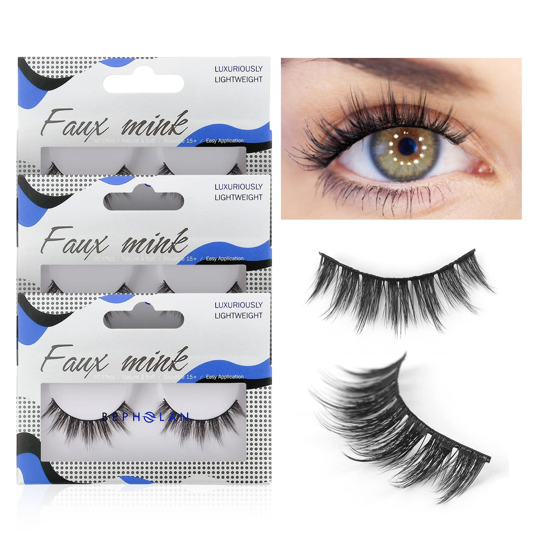 Lashes Natural Look False Eyelashes - Bepholan Fake Eyelashes 3D Super Fluffy False Lashes Black Band Wispy Lashes 3-Pack Faux Mink Lashes,XMZ21-3