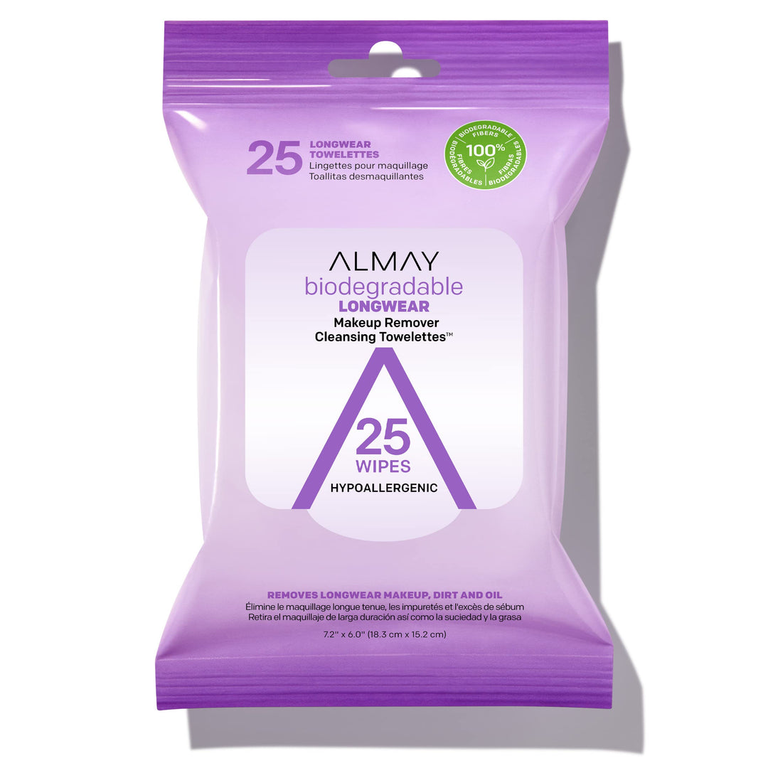 Makeup Remover Cleansing Towelettes, Biodegradable Longwear Makeup Wipes for Sensitive Skin, Hypoallergenic, Cruelty Free, -Fragrance Free, 25 Count