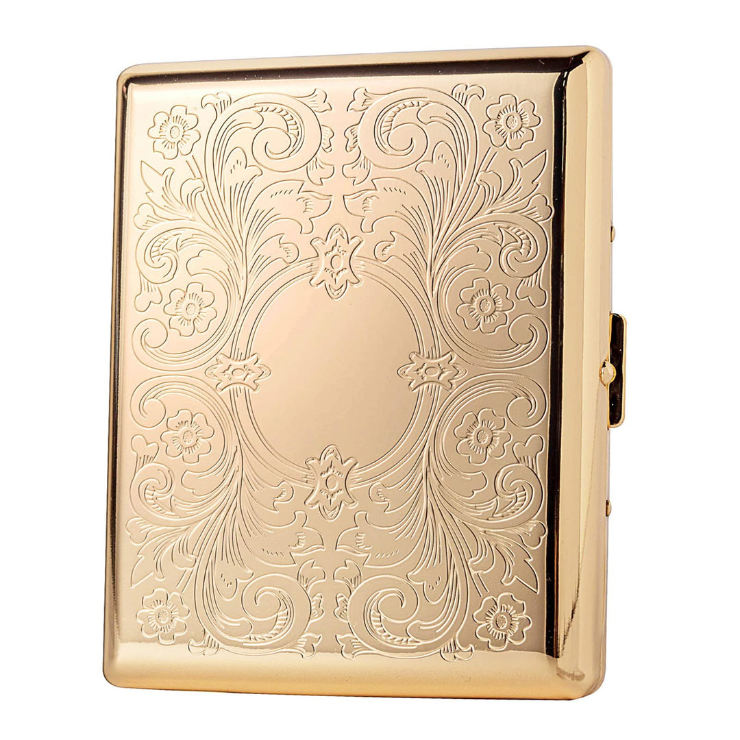 Metal Cigarette Case - Women and Men, Portable Double Sided Spring Clip Cigarette Case, Holds 20 Regular Size Cigarettes, Fits 100mm Cigarettes (Pattern Gold)