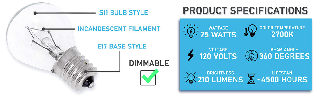 Lava Lamp Light Bulb 25 Watt S11 E17 120v Glitter Lamp Bulb - Lava Lamp Replacement Bulb 25w – Dimmable Warm White Lava Light Bulb for Lava Lamp 6-Pack
